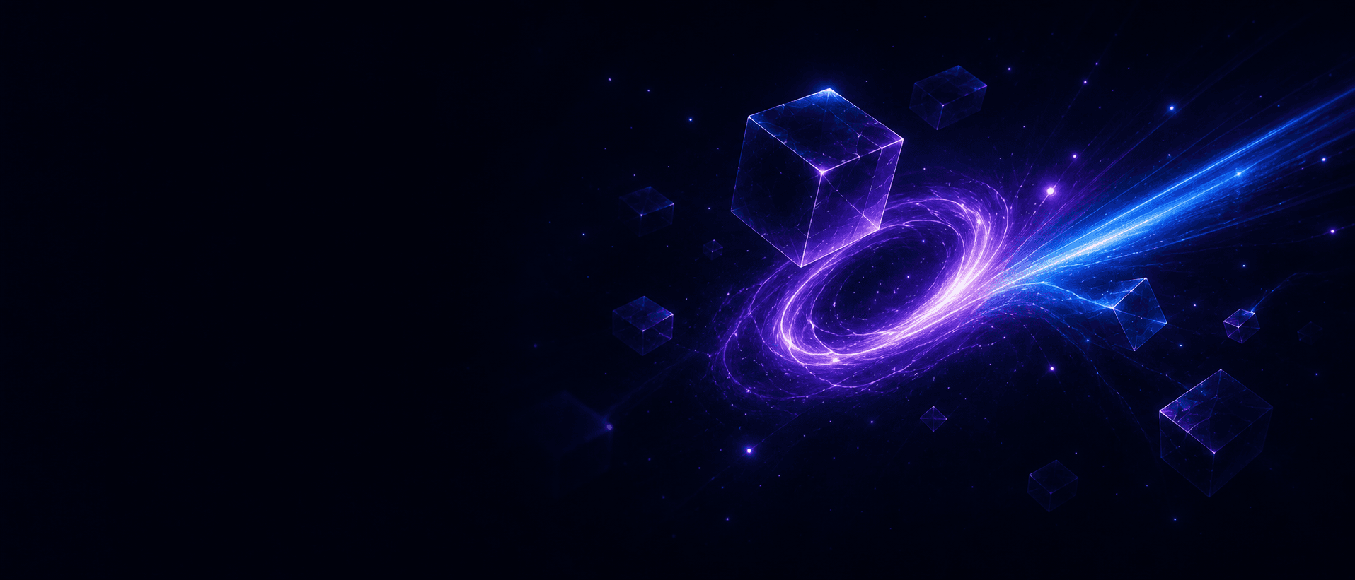 Purple and blue energy vortex surrounded by crystalline cubes